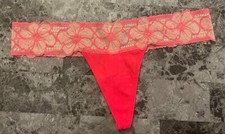 NWT VICTORIA'S SECRET PINK L NEON CORAL BEIGE FLORAL LACE RARE THONG PANTIES