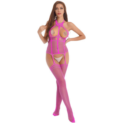 Womens Body Stocking Bodysuit Fishnet Babydoll Sleepwear Lingerie Thigh-Highs - Picture 46 of 67