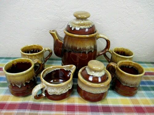 Vintage 9 Piece Coffee / Tea Set Chocolate Brown Drip Glazed - Taiwan 1980's NOS - Picture 1 of 9