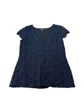 St John Couture Black Blue Eyelash Lace Top SZ 4 Pristine Deep V Neck H98