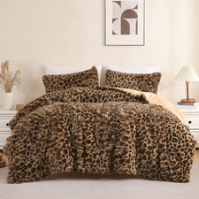 Cheetah Print Fluffy Faux Fur Comforter Set Full Size, 3 Pieces Brown Leopard Pl