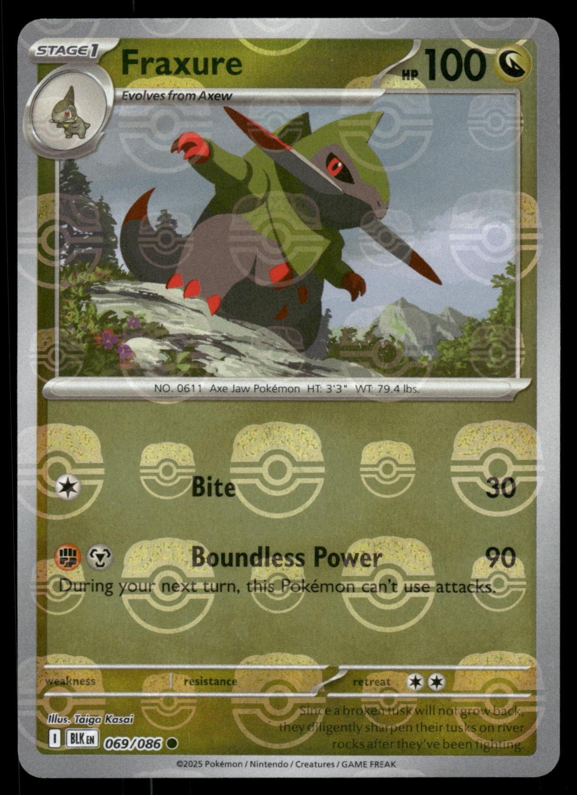 Fraxure (Master Ball Pattern) 069/086 Common Black Bolt Pokemon Holo Near Mint