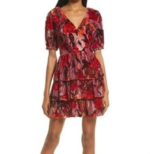 Adelyn Rae Dress  XS Cherry Red  Khalia Velvet Burnout Ruffle Tiered Mini Girly