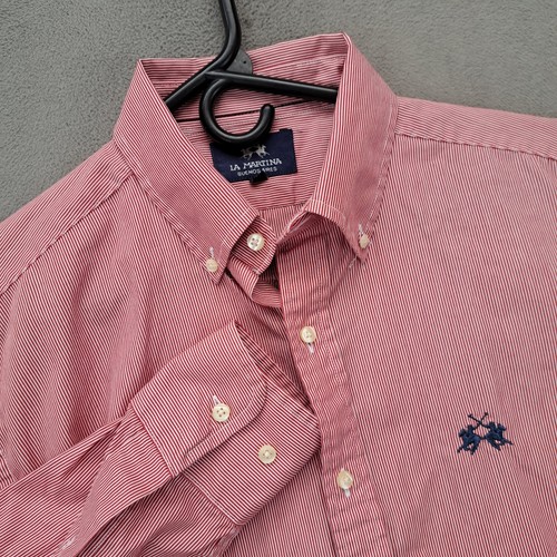LA MARTINA Mens Button Down Shirt Red White Stripe Polo Style Size M