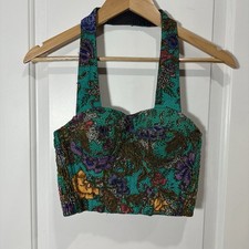 Fashion Fantasy Vintage Beaded Cotton Teal Batik Halter Corset Women  s XS/S