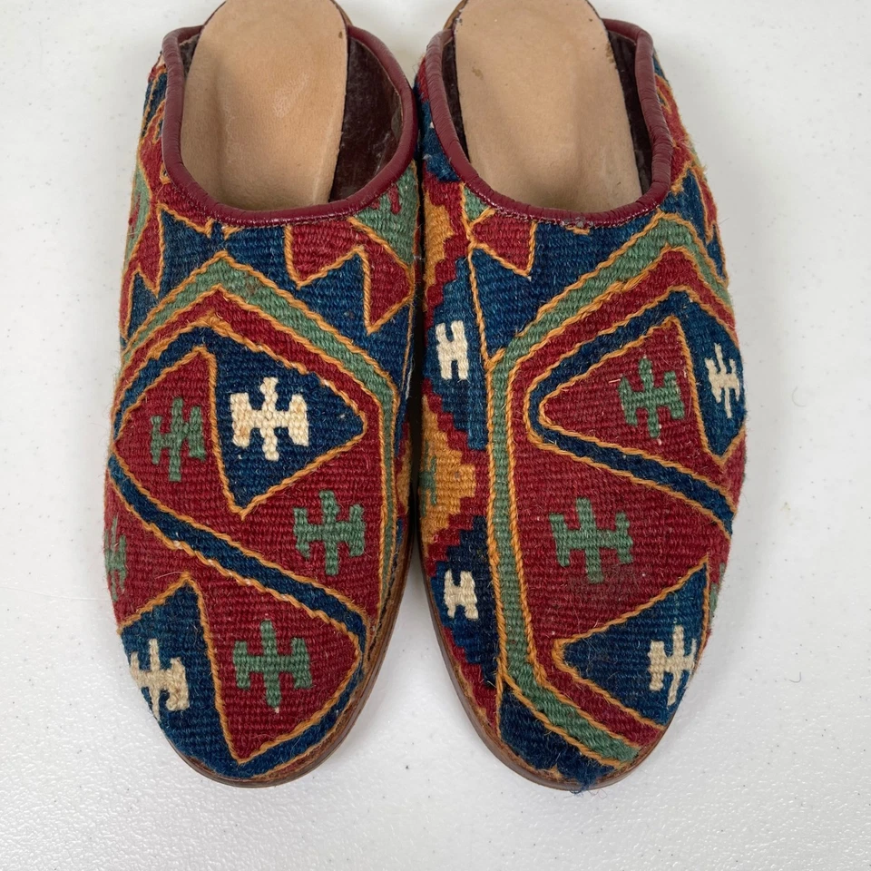 Vintage Turkish Kilim Aztec Pattern Clogs Mules 7 100% Wool Tapestry Boho - Image 2 of 4