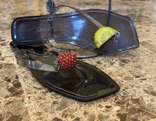 Betsey Johnson Berry Novelty Jelly Flip Flop Sandal Black Beaded Fruit Size 9