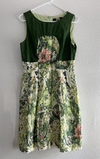 Eva Franco Anthropologie Green Floral Garden Silk Linen Blend Dress Size 6