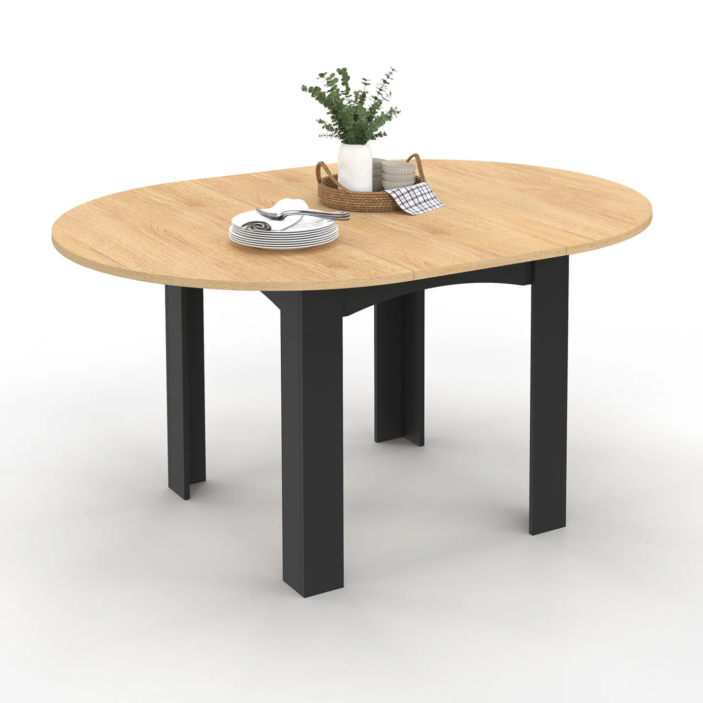 Table ronde extensible DONA noire et hêtre pour accueillir 8 personnes sans encombrer