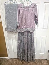 Grey Embellished Lehenga Set Net Embroidered Skirt Silk Shirt Dupatta Size S/M