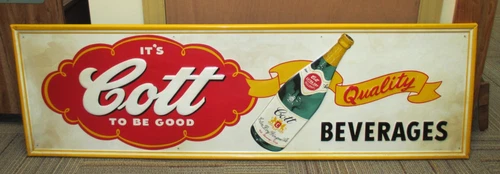 Vintage COTT BEVERAGES Tin Soda Sign Embossed "It's COTT To Be Good"  NOS ~ LQQK