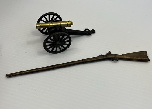Vintage Cast Iron Brass 4.5” Civil War Cannon and 9.25” Miniature Brass Musket