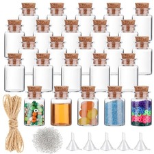 25 Pack Mini Plastic Bottles with Corks Stoppers Eye Screws Funnels Small Pot...