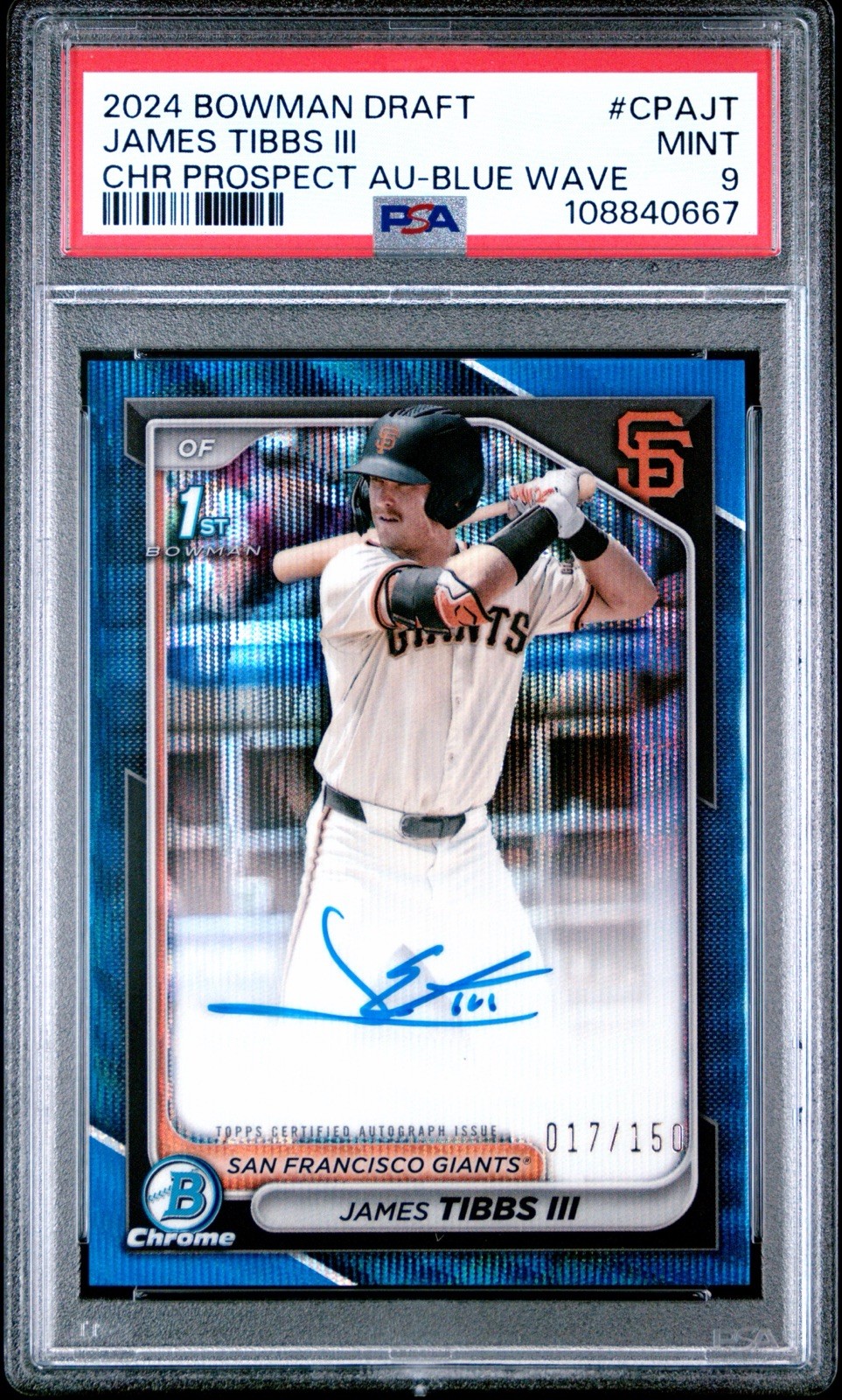 James Tibbs III 2024 Bowman Draft Chrome Prospect 1st Auto CPA-JT Blue Wave /150