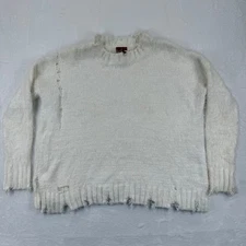 POL Distressed Cozy Fuzzy Knit Crewneck Sweater Women's White Distressed Holes M