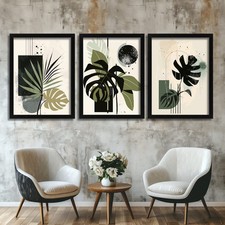 Modern Wall Art Set of 3 Prints Boho Green Monstera Leaf Poster Minimalist Art