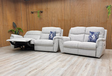 SCS ‘Ashton’ 3 + 2 Power Recliner Sofa Chunki Pumice Chrome Insert Woven Fabric