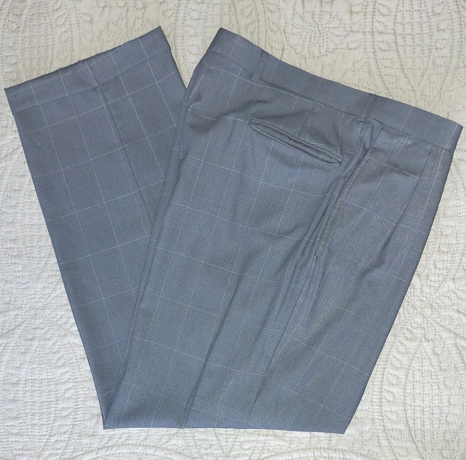 Made-to-Measure Wool Dress Trousers Slate Blue Windowpane Pleated, Cuffed 36x30