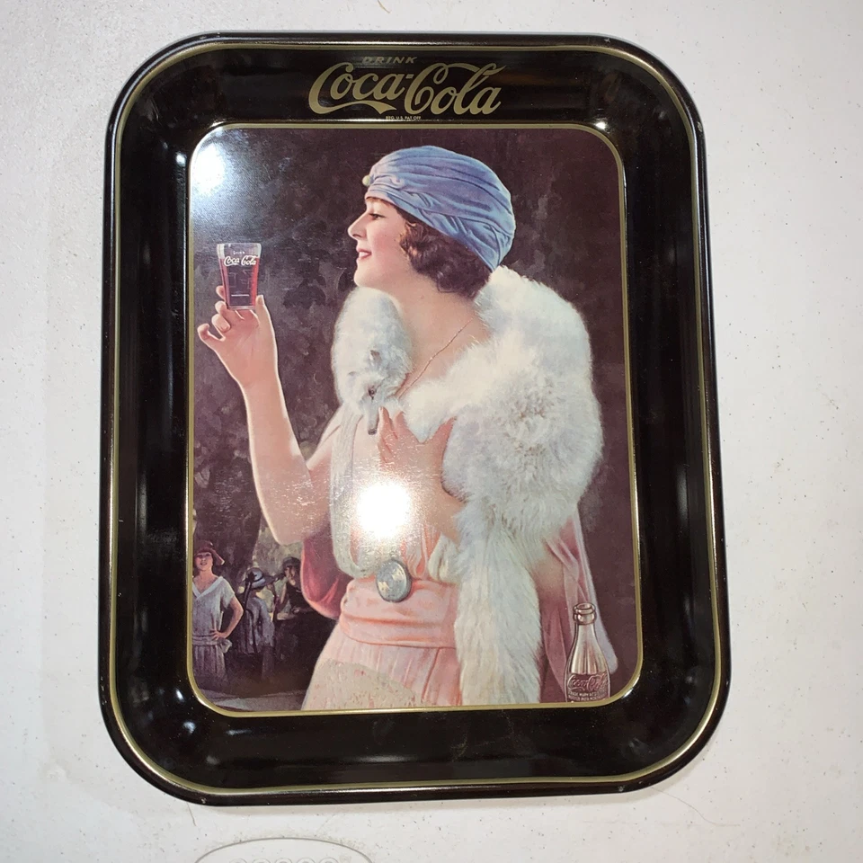 Vintage Coca Cola Coke Metal Tray Pink Lady Blue Hat Flapper Girl black back - Image 2 of 4