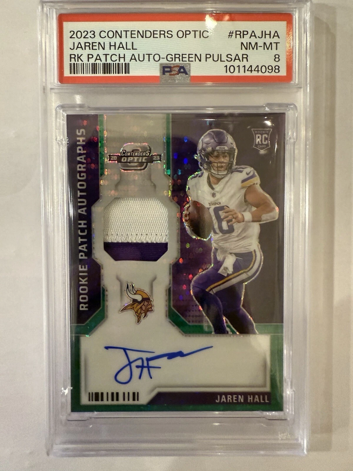 Jaren Hall Panini Contenders Optic Rookie Patch Autographs #RPAJHA Green Pulsar