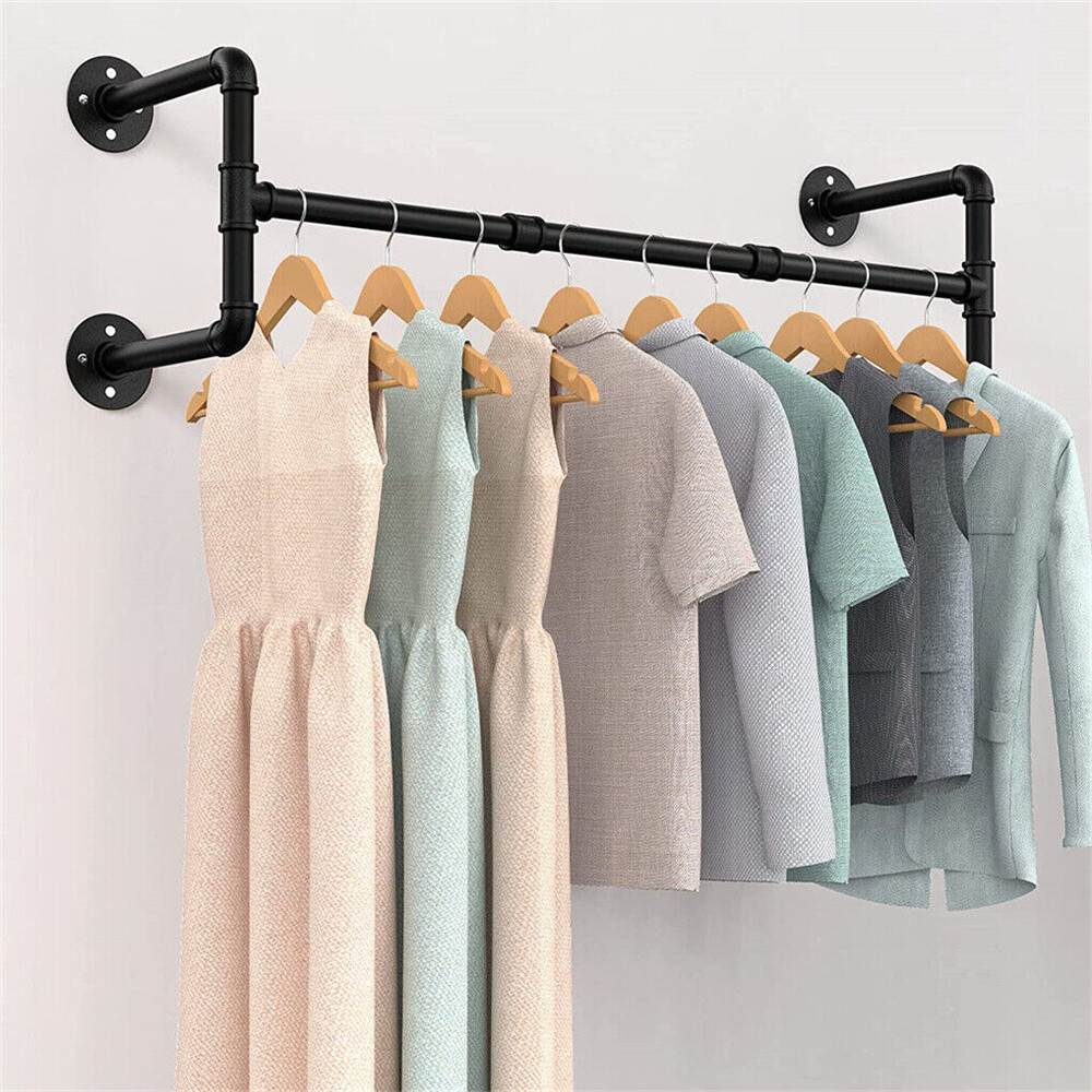Wall Mounted Clothes Coat Rack Heavy Hanging Storage Rail Metal Pipe