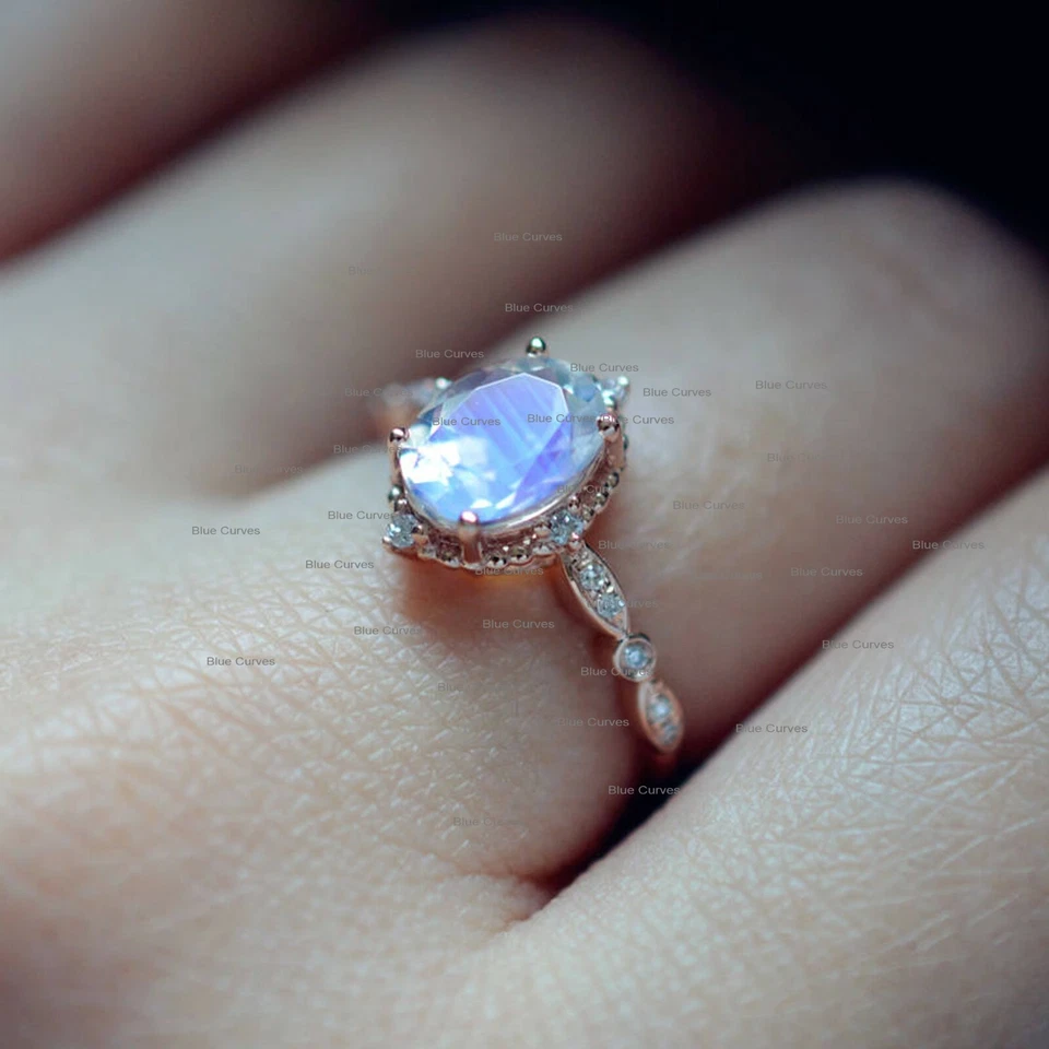 Anillo de cóctel de piedra lunar arco iris real pavé de diamantes joyería de oro amarillo sólido de 14 k Foto 3 de 3