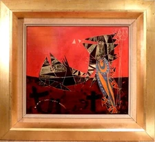 ERLING ANDERSEN! ABSTRACT COMPOSITION WITH FISH. MIXED MEDIA