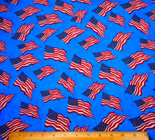 Patriotic Fabric By The Half-Yard Waving Flags on Medium Blue Quilting Cotton C