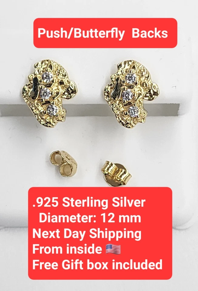 Pendientes de pepita unisex enchapados en oro de 14K con piedras empujando hacia atrás Foto 3 de 4