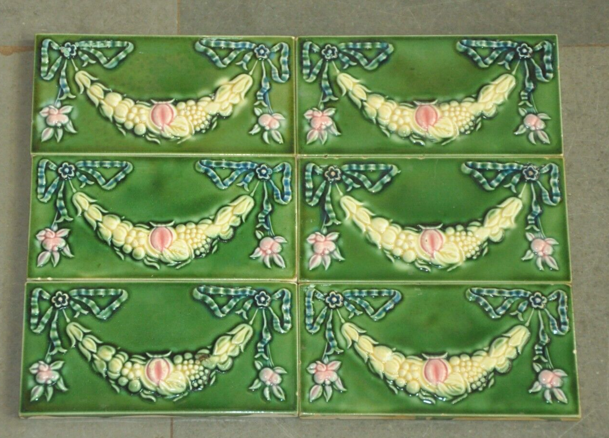 6 Pc Vintage Embossed Colorful Garland Fine Ceramic Tiles