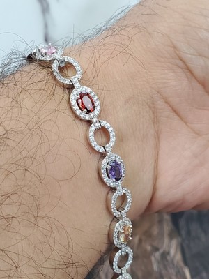 925 Solid Sterling Silver Oval 4x5mm Multi Color Cz Alternate Link Bracelet 7.5''