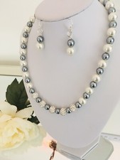 Bridal Ivry & Silver Faux Glass Pearl Necklace & Rhinestone, Lobster Claw Clasp.