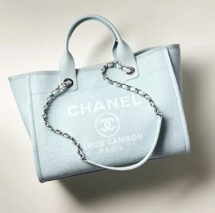 Chanel Small Shopping Tote Bag Pouch AS3257 Blue Shoulder Mix Fiber Auth  Mint