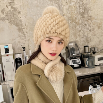 Women's Real Mink Fur Hat Real Mink Fur scarf Set Knitted Beanies Elastic  Cap