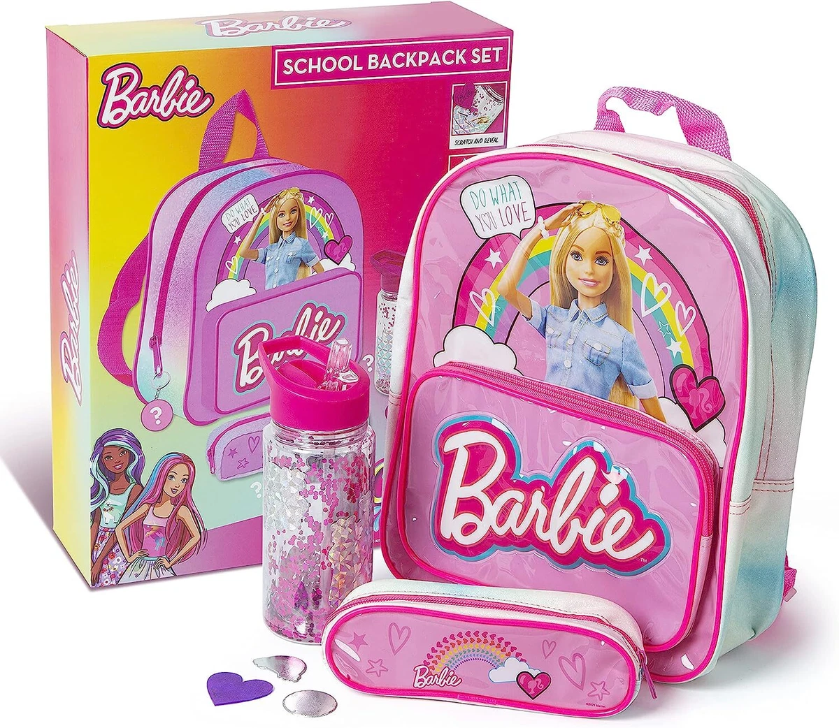 Barbie School Set Includes Backpack Water Bottle Pencil Case and Scratch Art