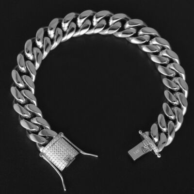 White Gold Plated Stainless Steel Miami Cuban Link Chain Bracelet with CZ Clasp 