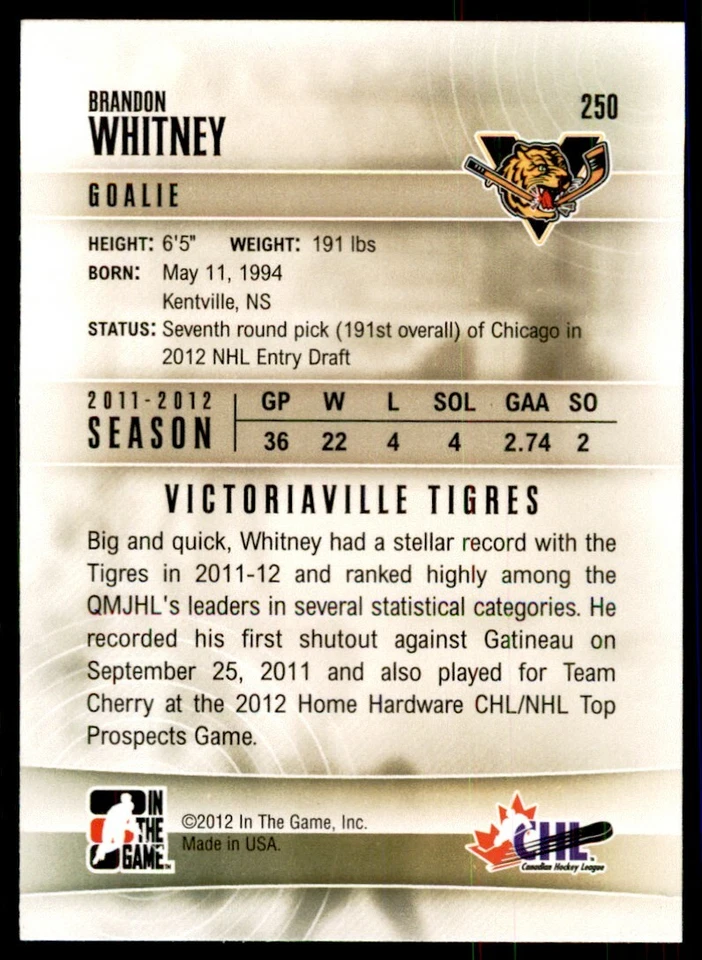 2011-12 In The Game Heroes & Prospects Update Brandon Whitney Victoriaville - Image 2 of 2