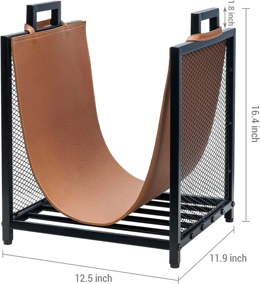 Black Metal & Brown Leatherette Firewood Stand Log Holder, Kindling Storage Rack - Image 4 of 4