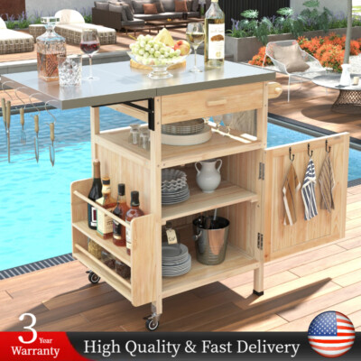 Outdoor Movable Grill Cart Storage Cabinet w/ Tabletop 40.5'' Trolley Patio Table