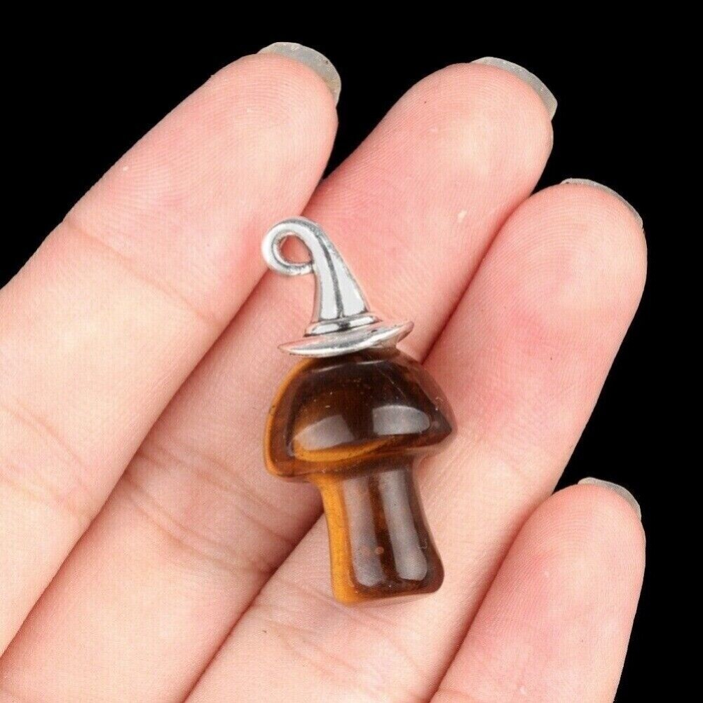 Ciondolo pietra occhio di tigre naturale 100 pezzi fungo cappello magico chakra reiki guarigione foto 2