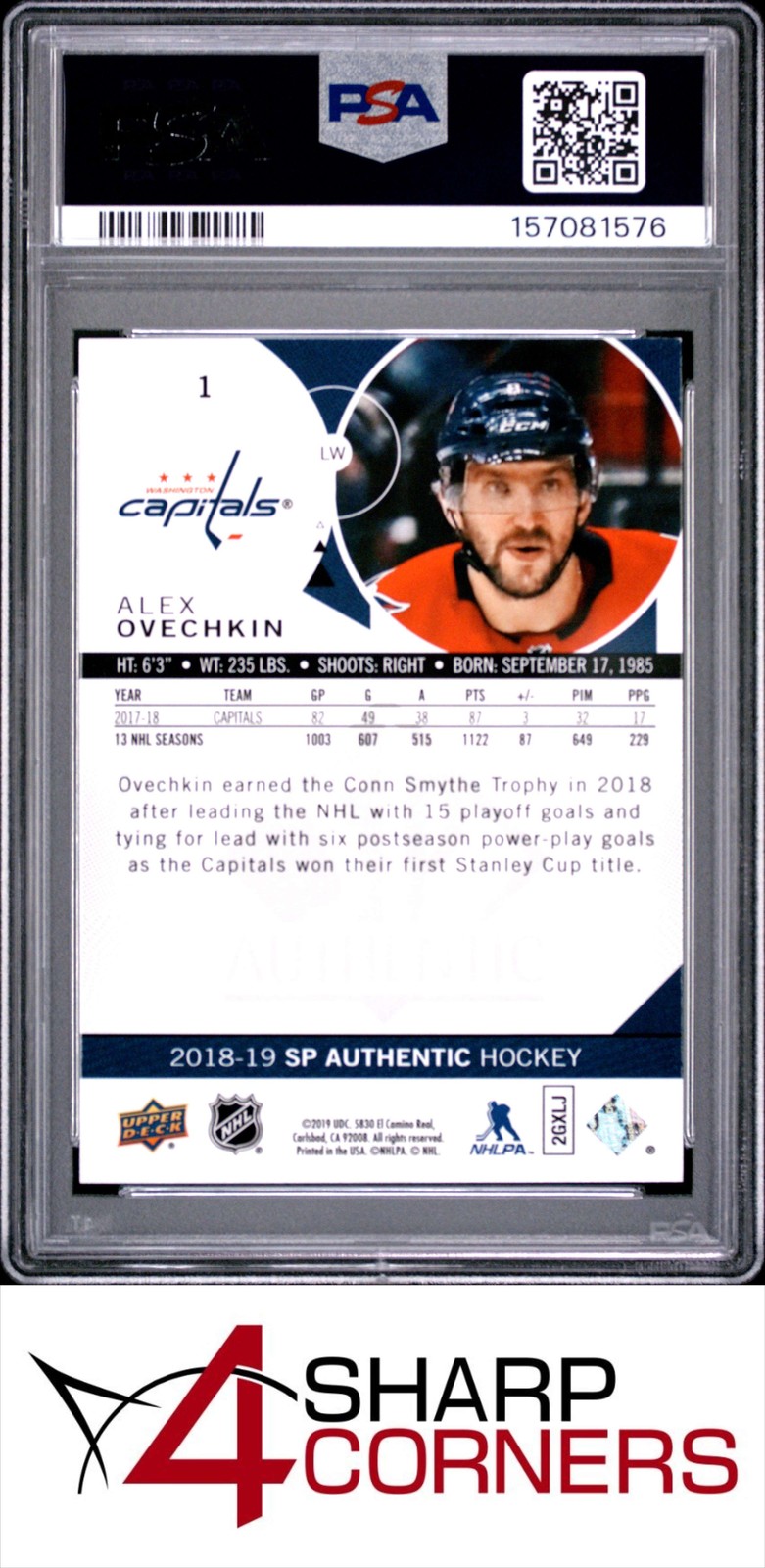 2018 SP AUTHENTIC #1 ALEX OVECHKIN CAPITALS PSA 9 view 2