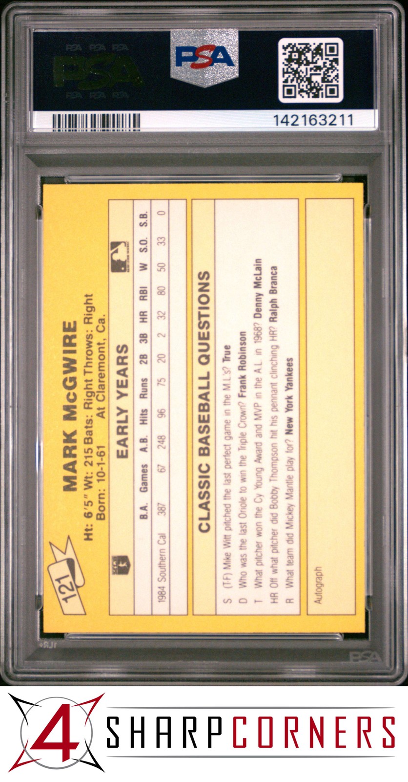 1987 CLASSIC TRAVEL UPDATE YELLOW #121 MARK McGWIRE YELLOW BACK PSA 10 view 2