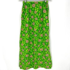 Vintage Hand Sewn Mod Daisy Green and Pink Print Maxi Skirt Size XS