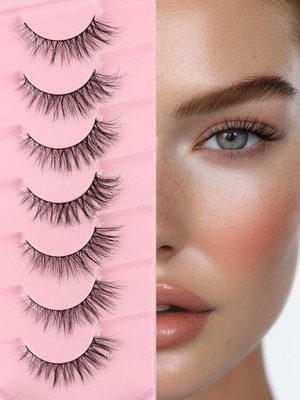 Eyelashes Natural Cat Eye Lashes 15mm Wispy 1 pair (Pack of 7), black 