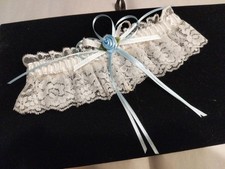 Custom Handmade White Lace Garter Blue Ribbon Bride Bridal Wedding