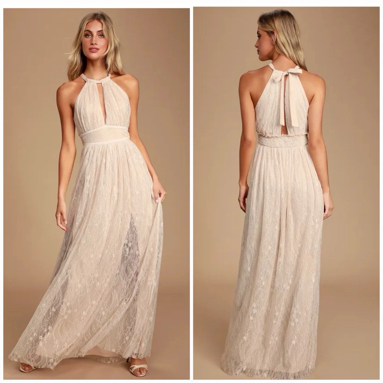 OFF WHITE Windsor Dollie Maxi Abito Off Bianco Pizzo Halter Fata Angelica Stravagante Taglia S