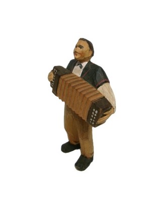 Rare - Vintage Swiss Hand Carved Accordion Player Wood Figure, Folk Art