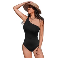 Cupshe Iskra Reverie Land One Shoulder Black Tummy Control One Piece Swimsuit M