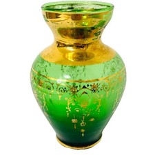Vecchia Murano Emerald Green Art Glass Vase w/24K Gold Trim Italy 4" x 2.25"