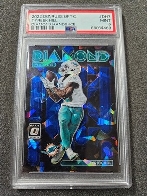 🌟 2022 Donruss Optic Tyreek Hill Diamond Hands Ice JERSEY#10/15 Dolphins PSA 9